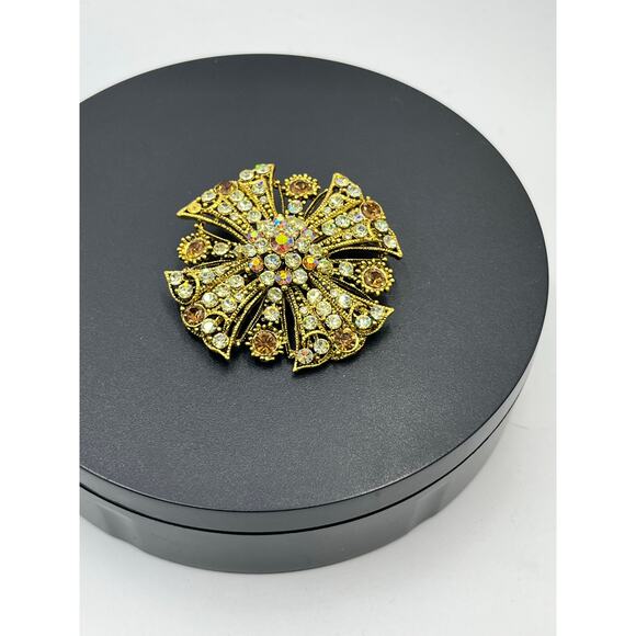 Vintage Stacked Domed Round Gold, Bronze & Brown Rhinestone AB Brooch - Picture 2 of 8